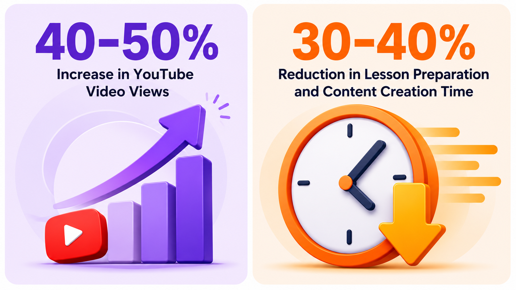 Infographic showing a 40–50% increase in YouTube video views and a 30–40% reduction in lesson preparation and content creation time using Animaker.