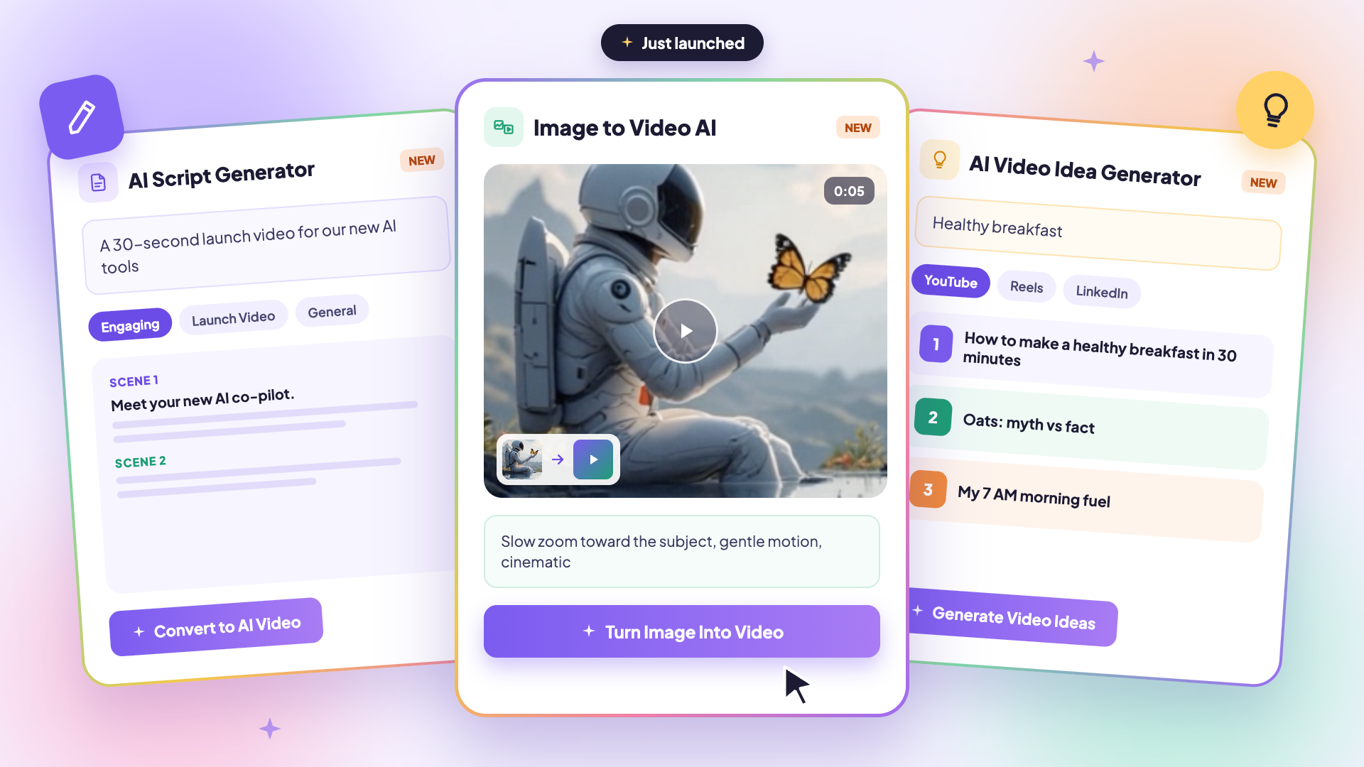 AI video idea generator, ai script generator, image to video ai generator