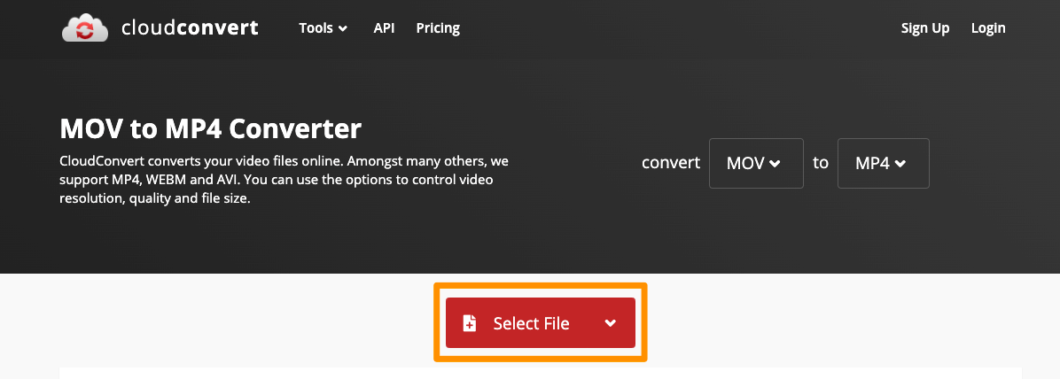 Launch CloudConvert MOV to MP4 converter and click Select File