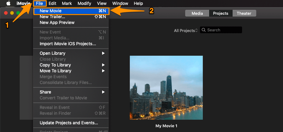 Launch iMovie, click File menu and select New Movie