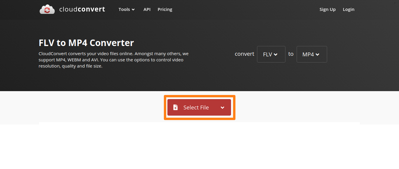 Launch cloudconvert flv to mp4 converter and click select file 1
