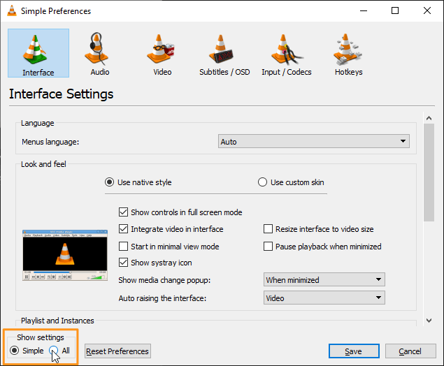 click all radio button under show settings section on windows