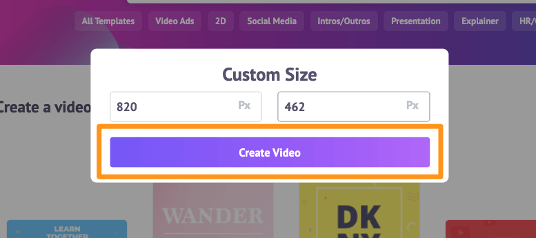 enter the ideal width and height of facebook cover video and click create video button