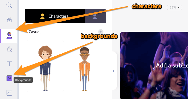 go to backgrounds or characters tab