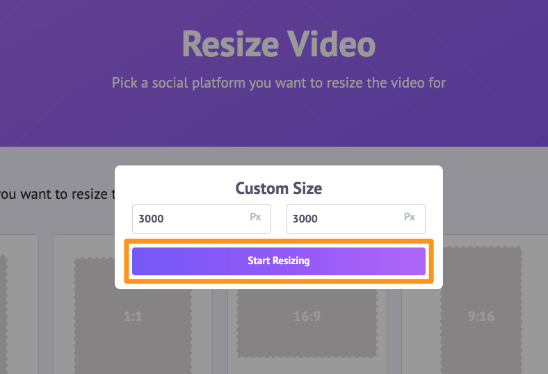 enter width and height and click start resizing