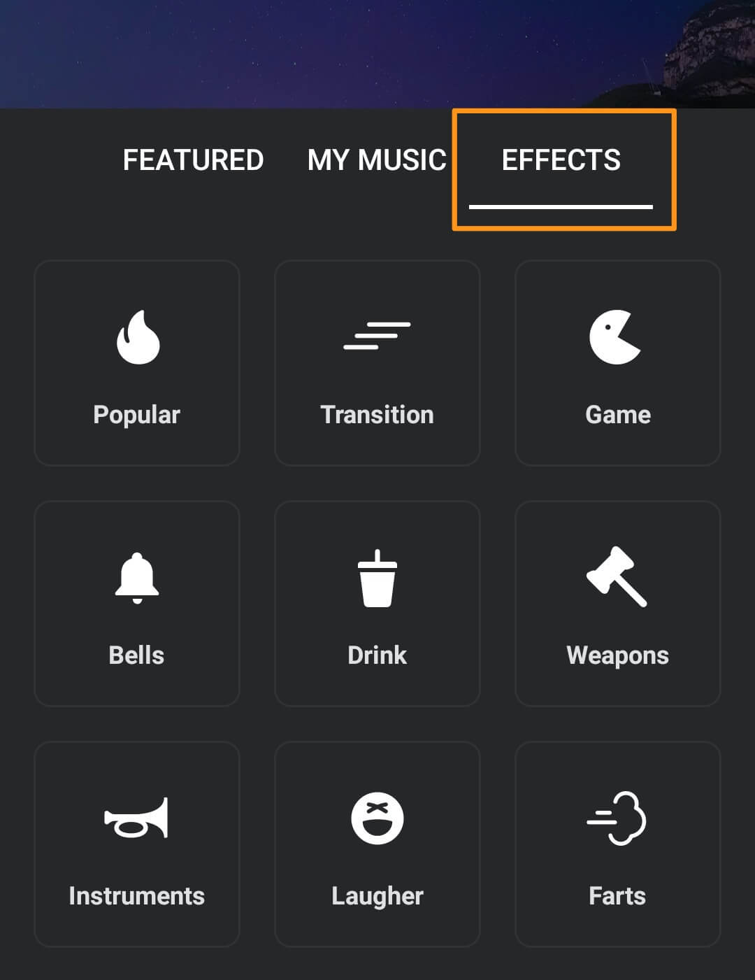 go to effects tab to add sound effects