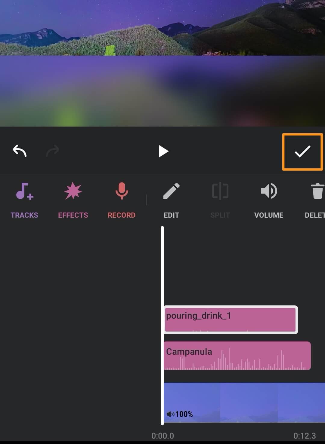 tap the tick mark icon to finish adding audio to video