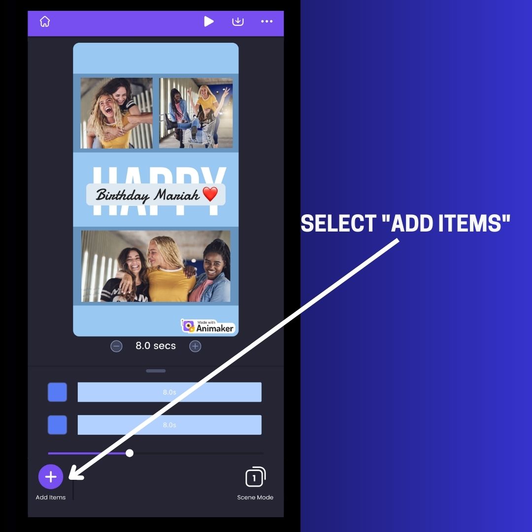 Select Add Items on the Animaker Animation Video Maker App for iPhone