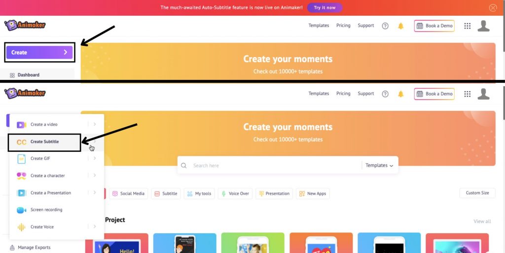 Animaker Dashboard, click on create and then create subtitle