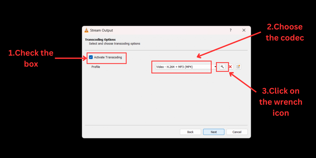 Windows VLC activate transcoding and choosing codec
