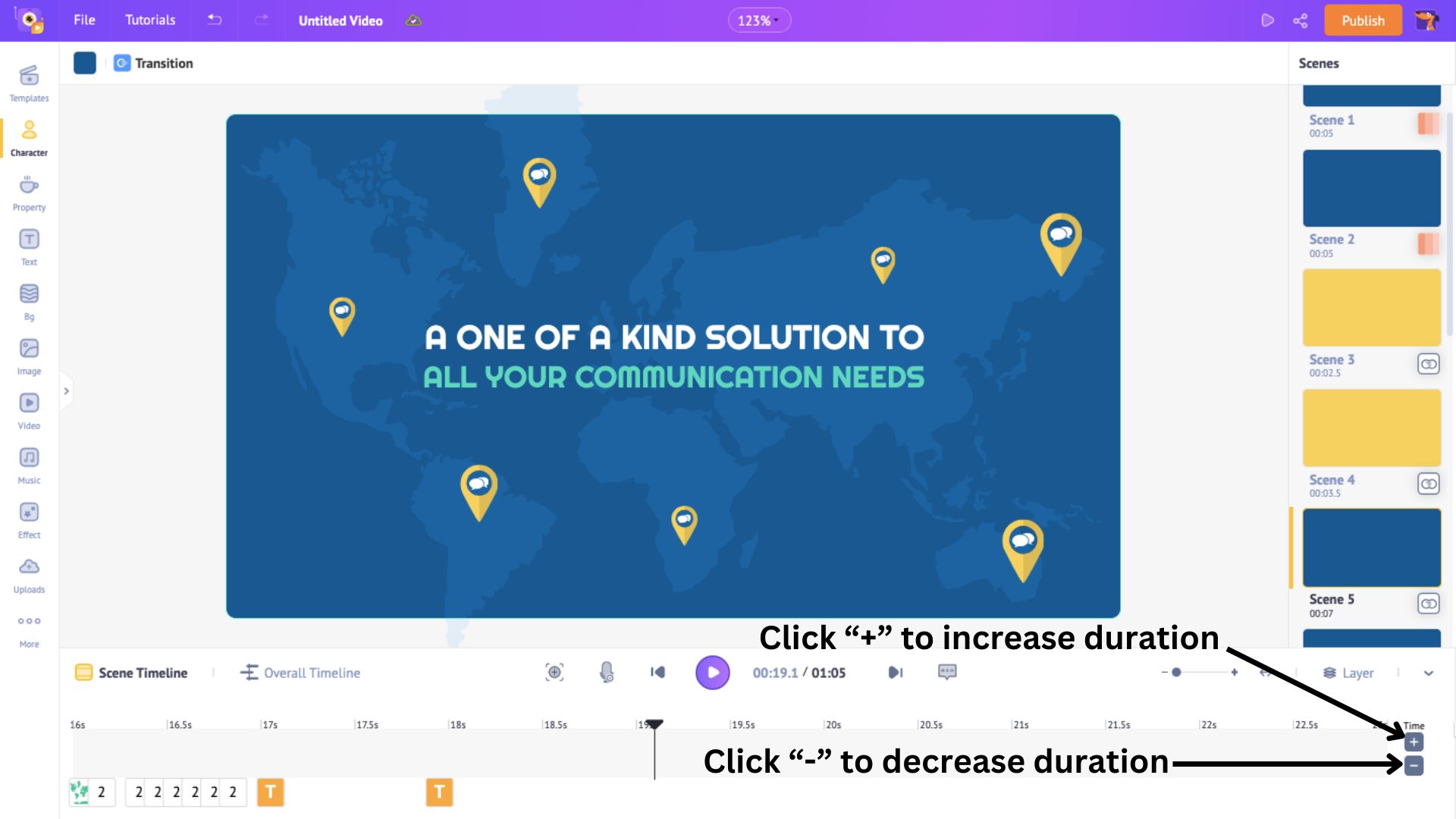 click + and - to increase and decrease duration of the scene