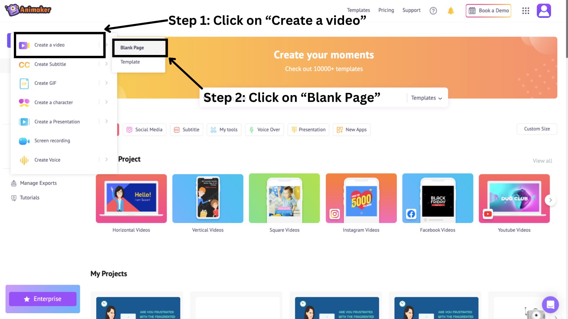 click create a video and blank page