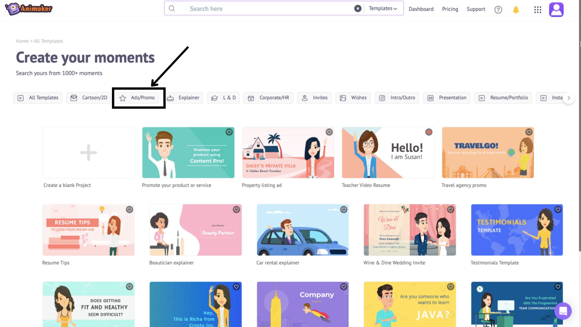 Moments page to filter ad templates