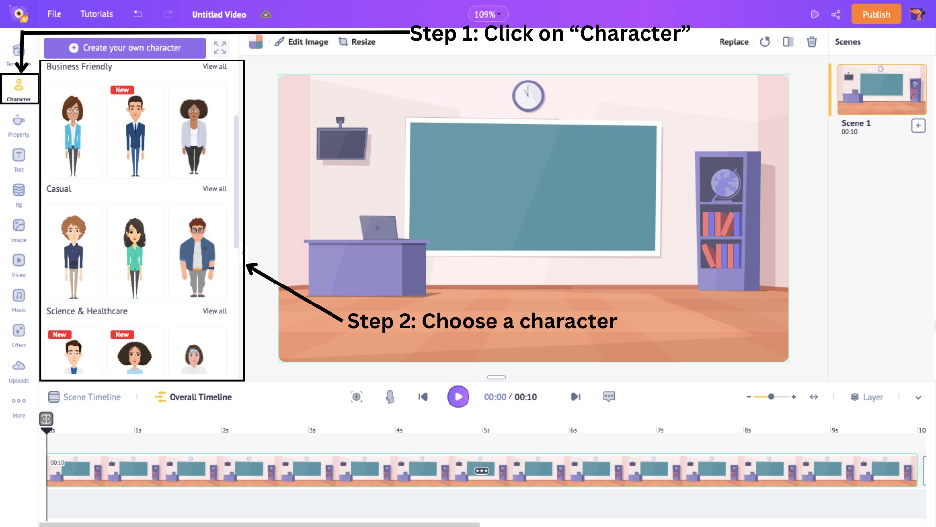 click on character section of the library