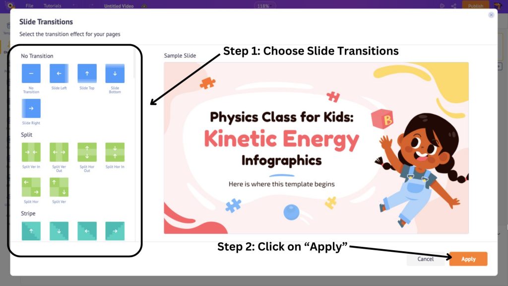 choose transition effect from the list