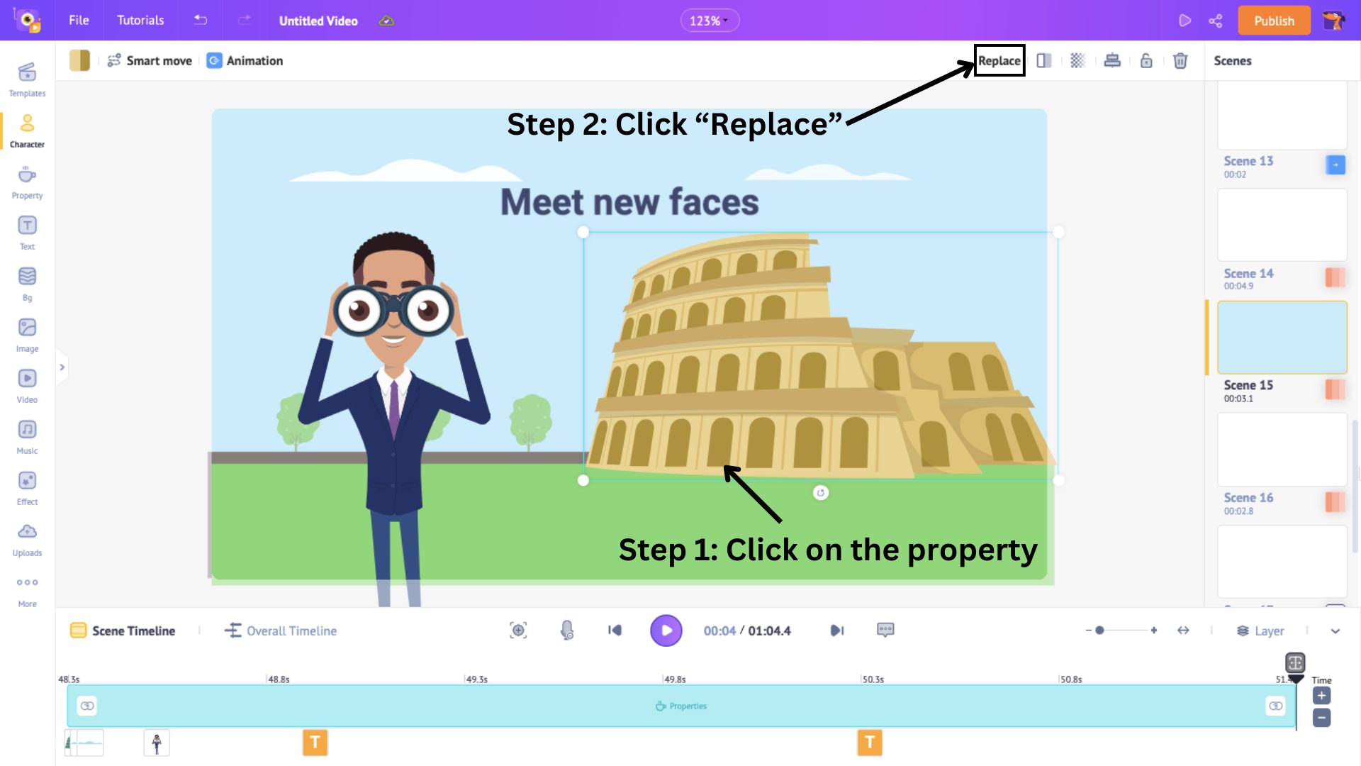 click on a property and click replace