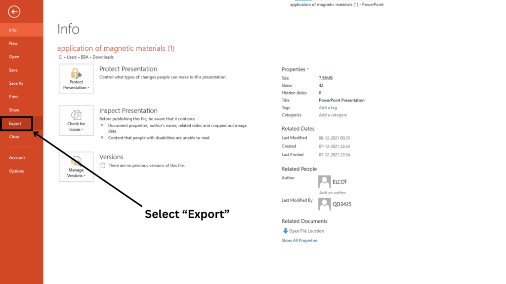 Select export option