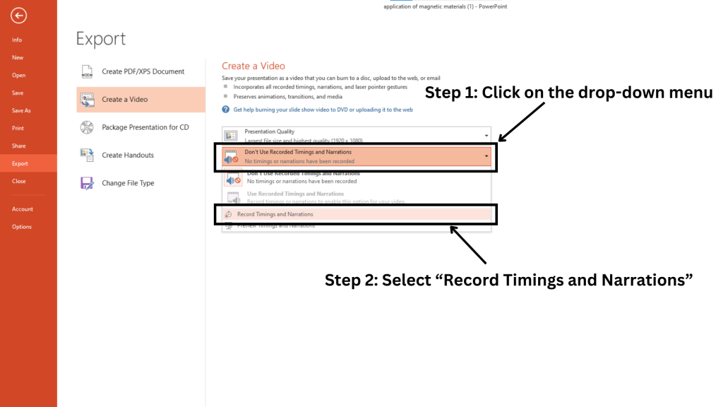 Click on the drop down menu and select record timings and narrations