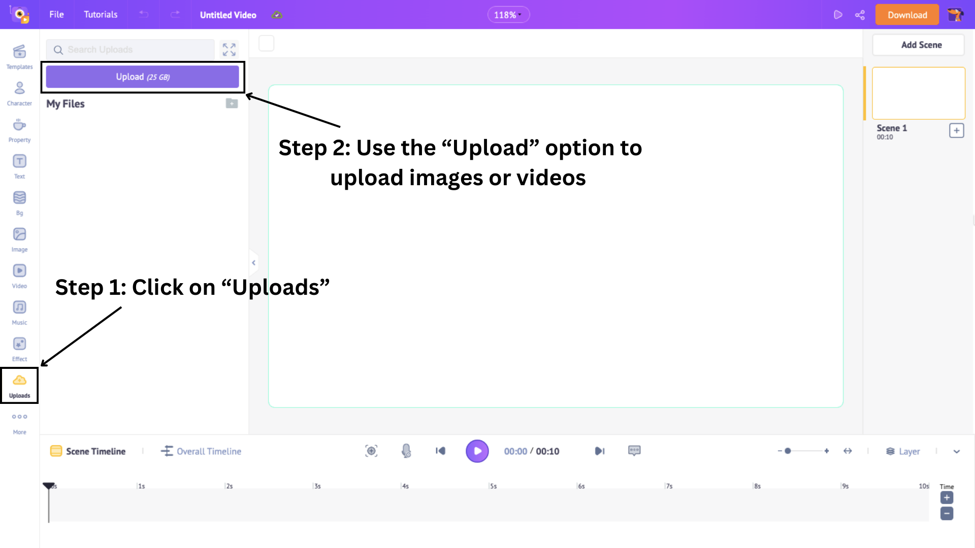 Upload your media by clicking on uploads